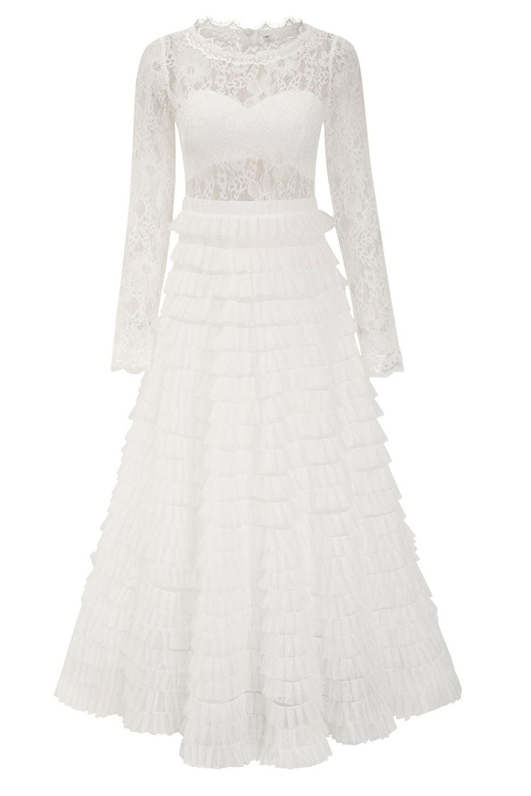 Chic Eyelash Lace Long Sleeve Tiered Ruffle Tulle Evening Maxi Dress - White