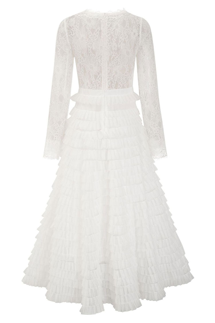 Chic Eyelash Lace Long Sleeve Tiered Ruffle Tulle Evening Maxi Dress - White