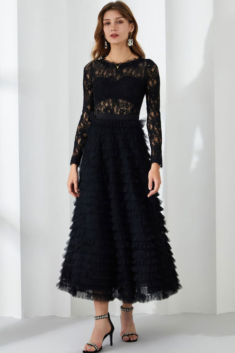 Chic Eyelash Lace Long Sleeve Tiered Ruffle Tulle Evening Maxi Dress - Black