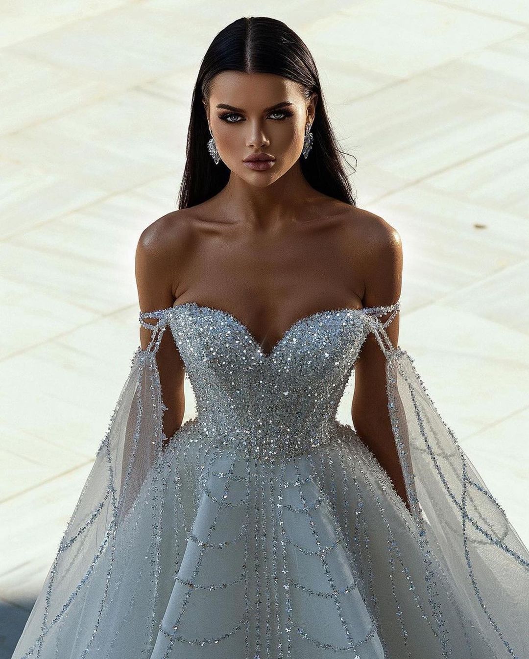 Stylish Floor-Length Sweetheart Off-The-Shoulder A-Line Sequined Bridal Dress