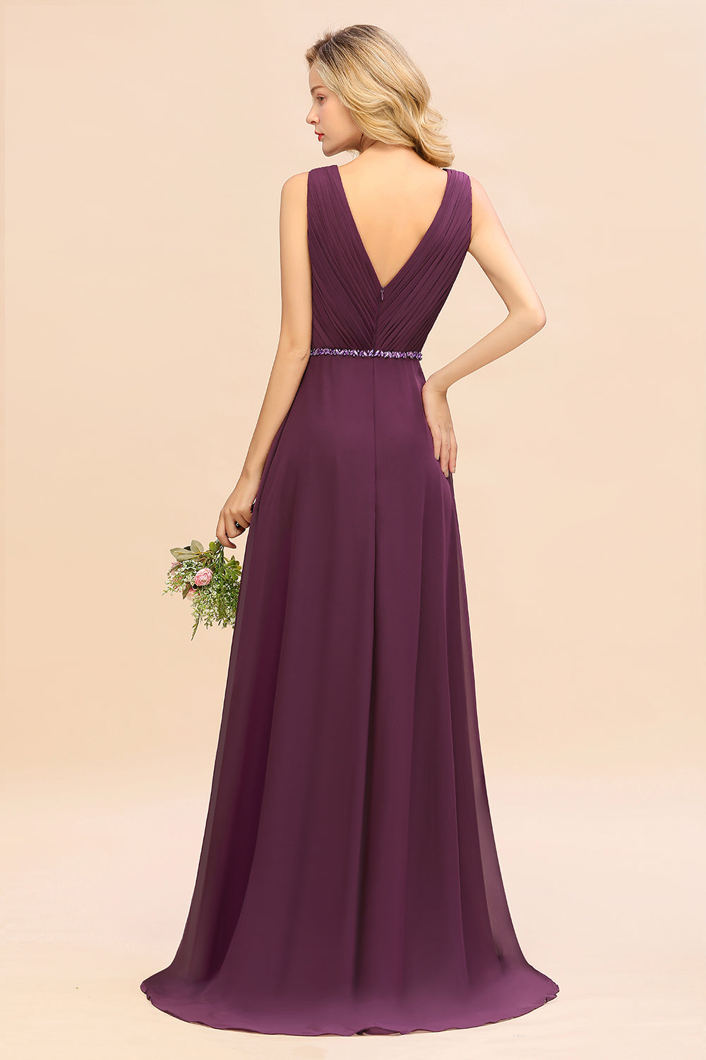 Chic Hi-Lo V Neck Ruffle Bridesmaid Dresses with Beading Sash