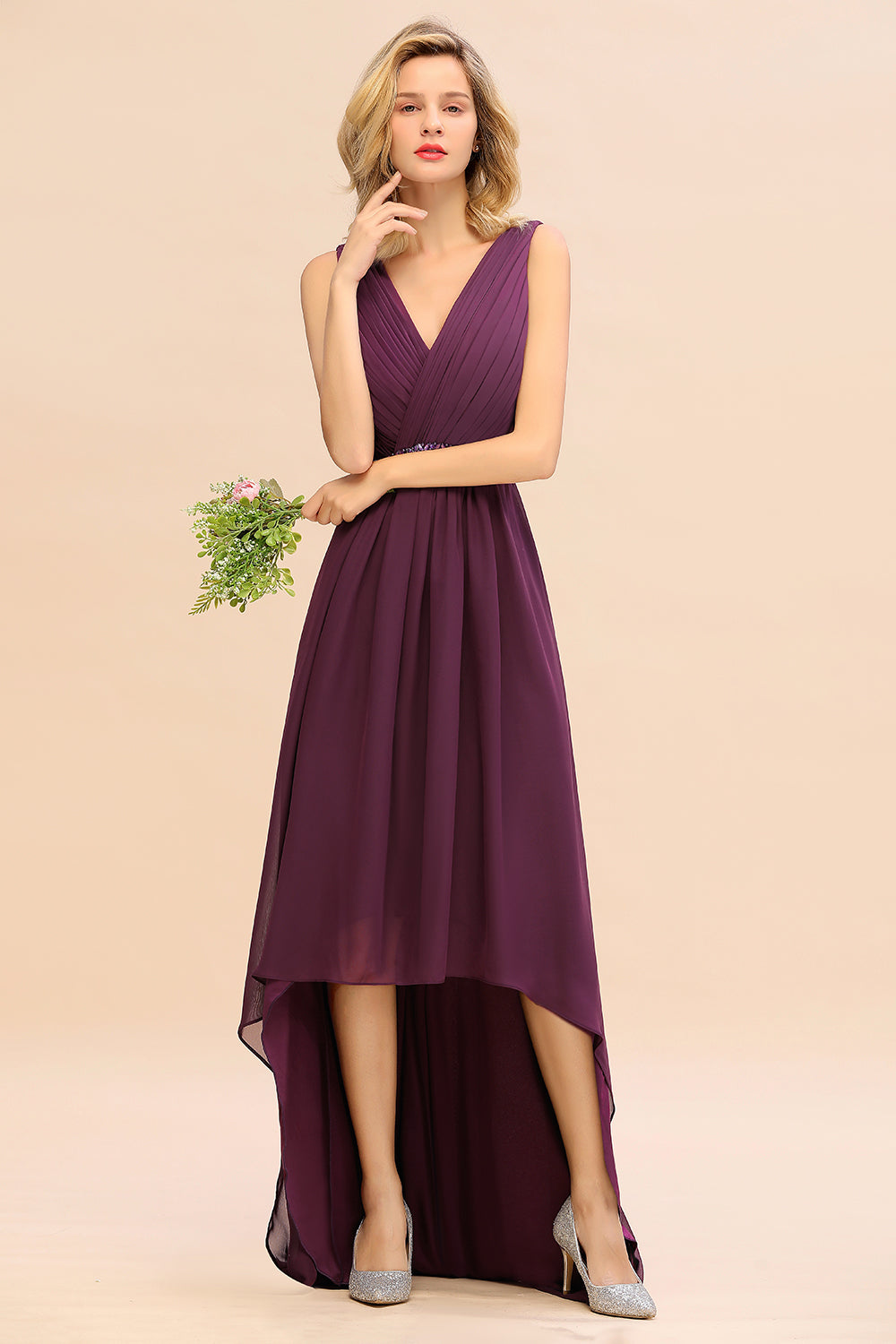 Chic Hi-Lo V Neck Ruffle Bridesmaid Dresses with Beading Sash