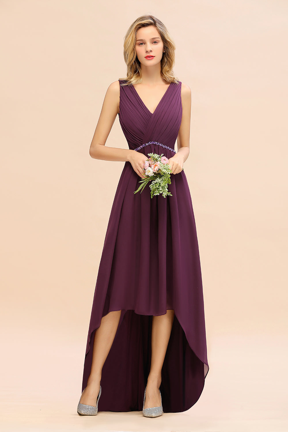 Chic Hi-Lo V Neck Ruffle Bridesmaid Dresses with Beading Sash