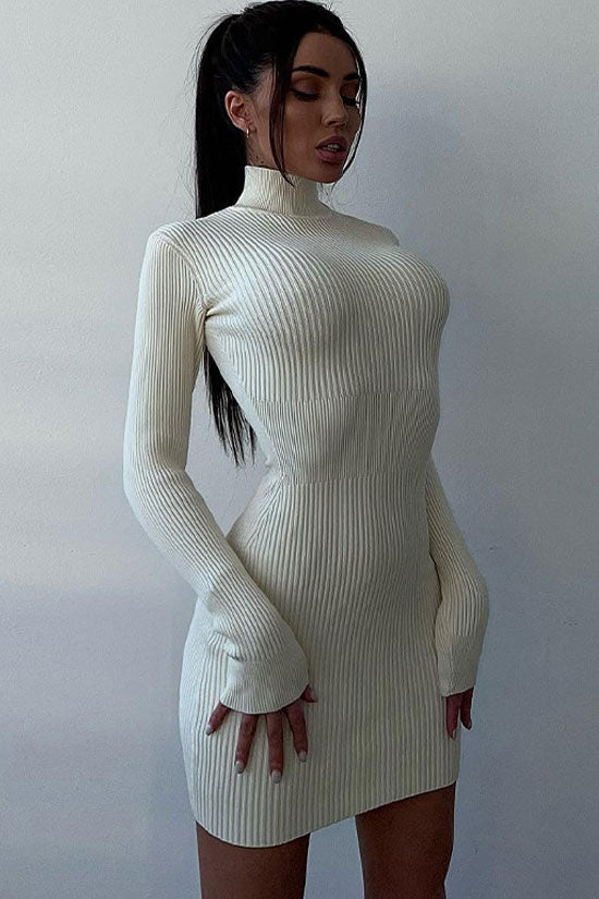 Chic High Neck Long Sleeve Bodycon Rib Knit Sweater Mini Dress - White - Fashionpara