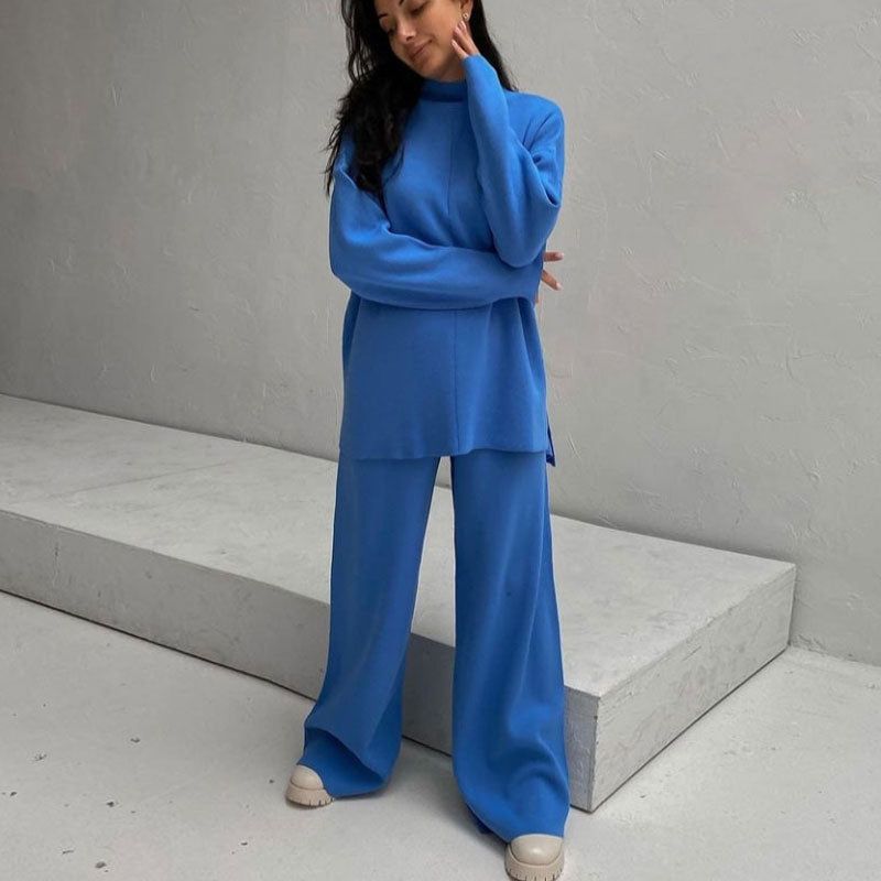 Chic High Neck Rib Knit Pullover Sweater Wide Leg Pants Matching Set - Blue - Fashionpara