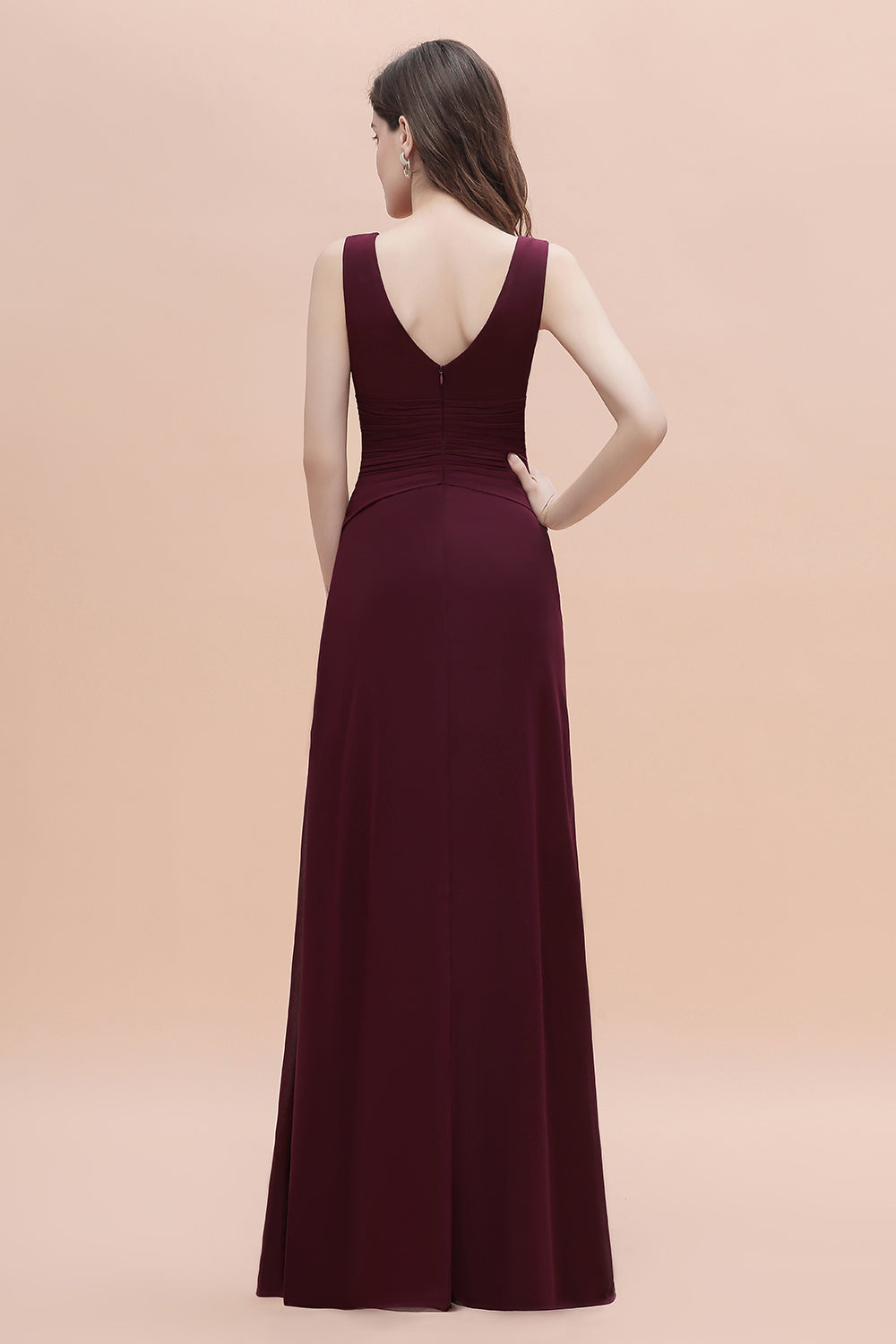 Chic Jewel Cabernet Chiffon Ruffles Bridesmaid Dresses with Slit On Sale