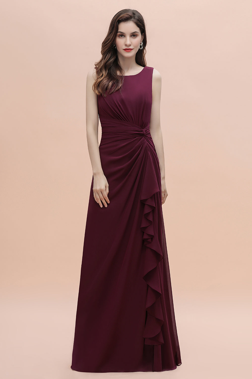 Chic Jewel Cabernet Chiffon Ruffles Bridesmaid Dresses with Slit On Sale