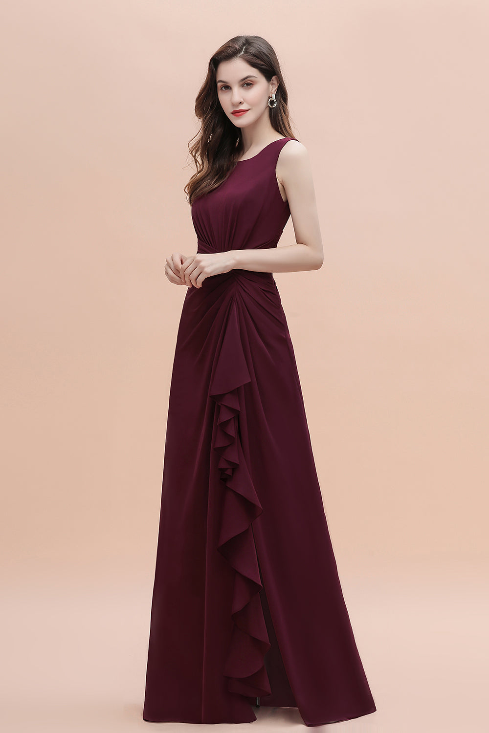 Chic Jewel Cabernet Chiffon Ruffles Bridesmaid Dresses with Slit On Sale