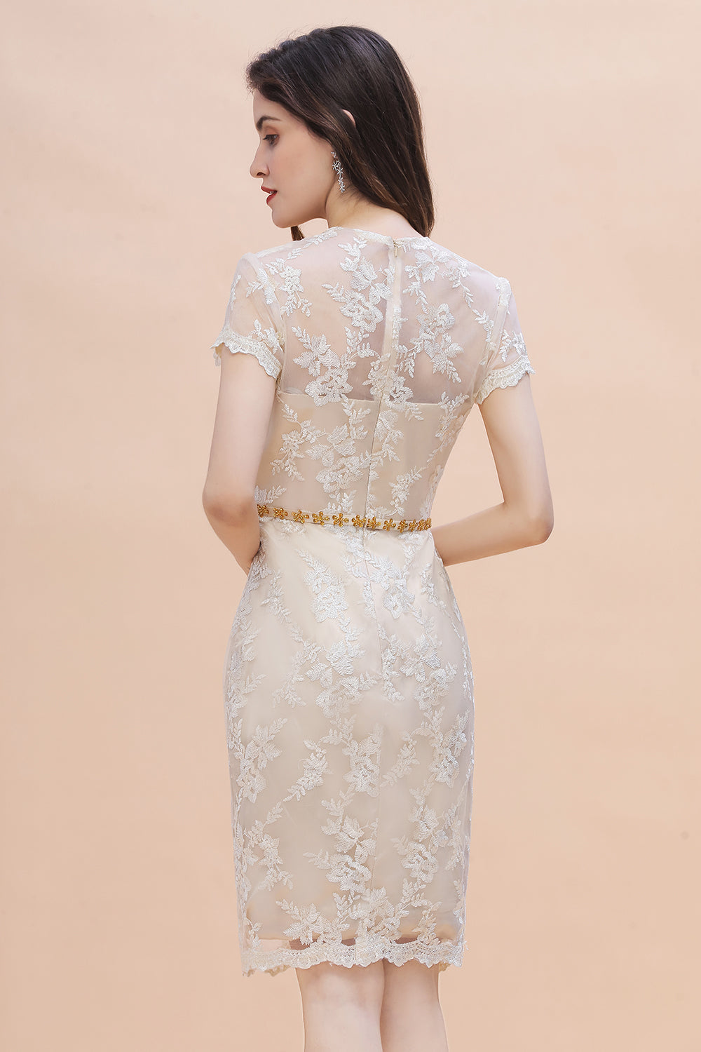 Chic Jewel Tulle Lace Beadings Mother of Bride Dress with Short Sleeves - Fashionpara