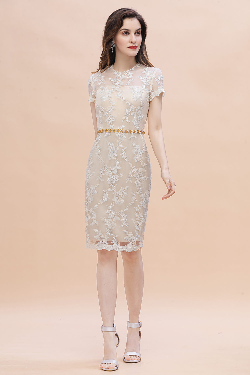 Chic Jewel Tulle Lace Beadings Mother of Bride Dress with Short Sleeves - Fashionpara