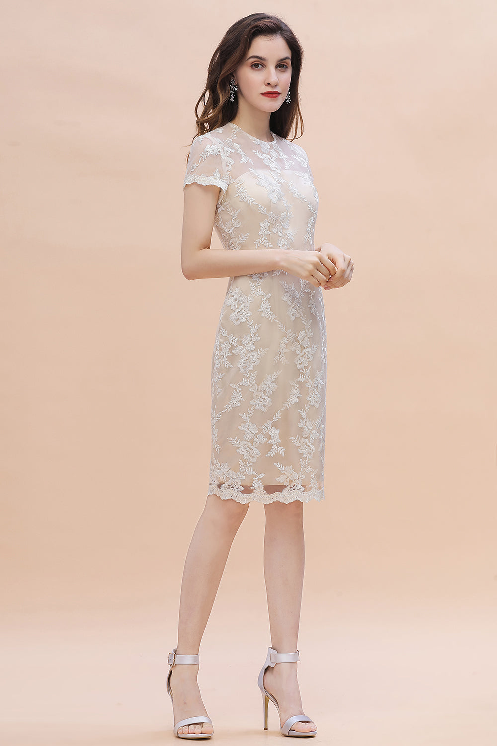 Chic Jewel Tulle Lace Beadings Mother of Bride Dress with Short Sleeves - Fashionpara