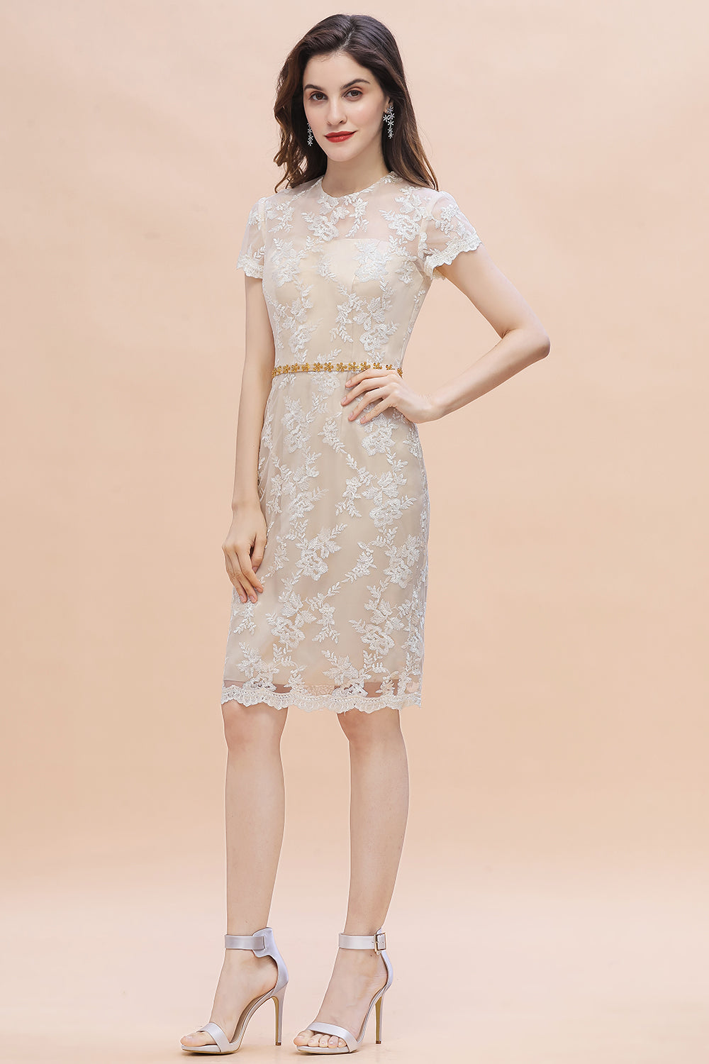 Chic Jewel Tulle Lace Beadings Mother of Bride Dress with Short Sleeves - Fashionpara