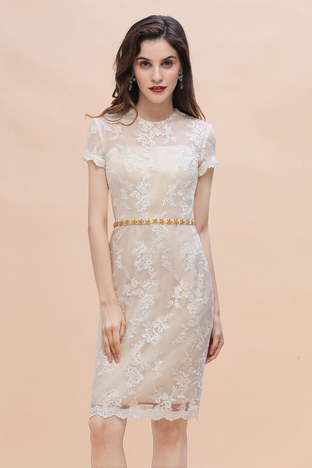 Chic Jewel Tulle Lace Beadings Mother of Bride Dress with Short Sleeves - Fashionpara