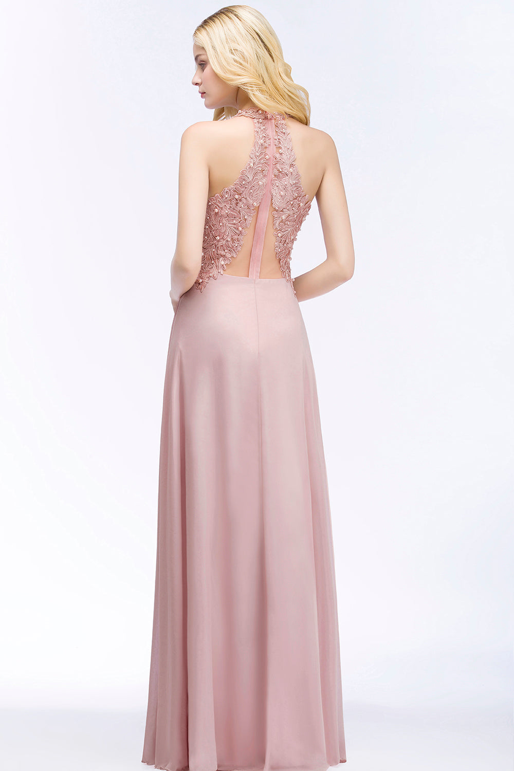 Chic Lace V-neck Pink Chiffon Bridesmaid Dresses with Pearls