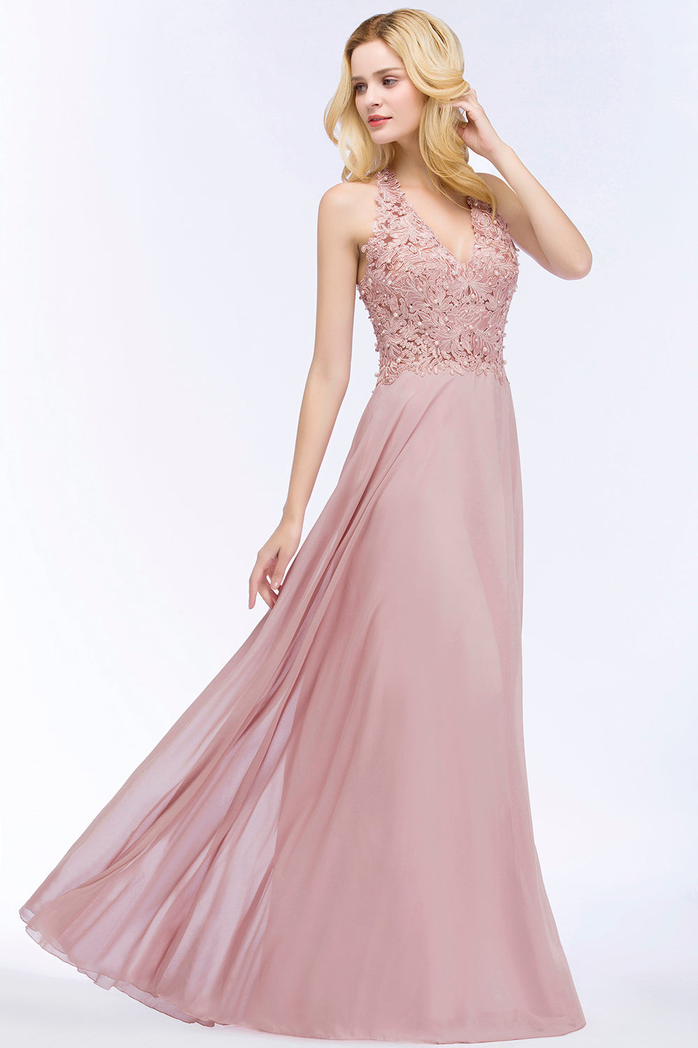 Chic Lace V-neck Pink Chiffon Bridesmaid Dresses with Pearls