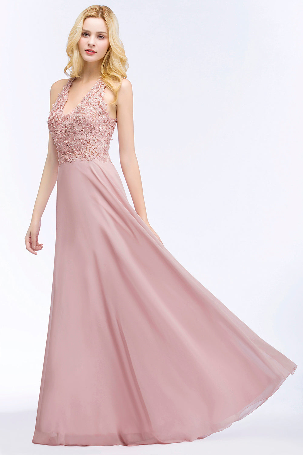 Chic Lace V-neck Pink Chiffon Bridesmaid Dresses with Pearls