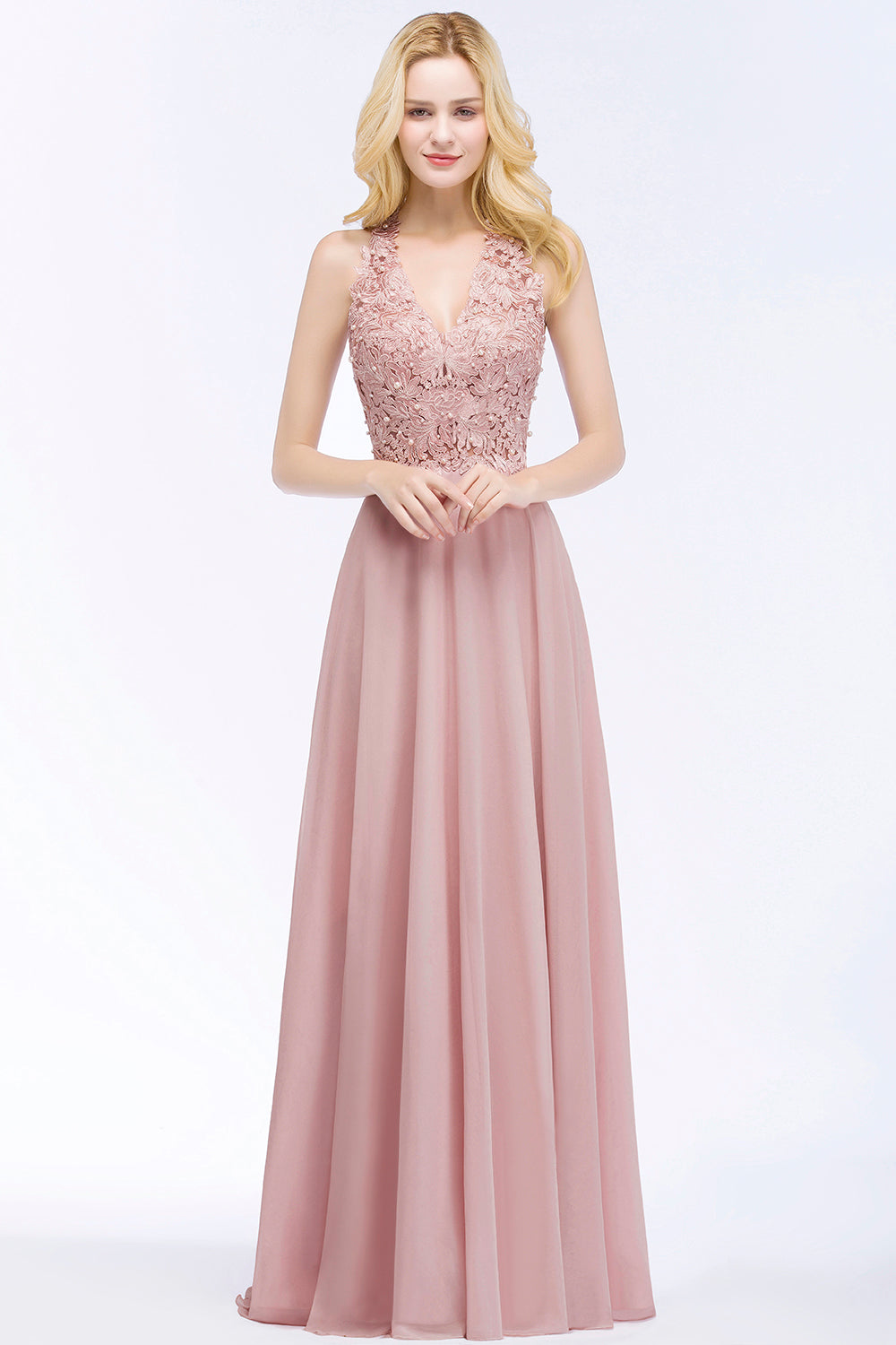 Chic Lace V-neck Pink Chiffon Bridesmaid Dresses with Pearls