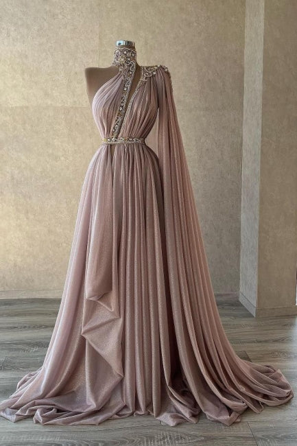 Chic Long Dusty Pink High Neck Lace Prom Dress with Sparkling Glitter - Fashionpara