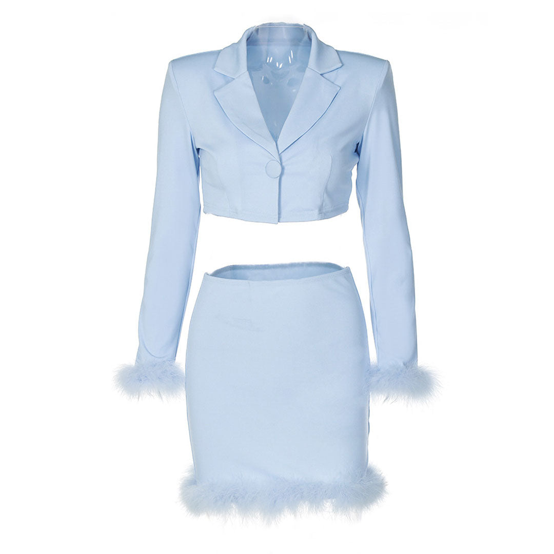 Chic Long Sleeve Crop Blazer Feather Trim Mini Skirt Matching Set - Blue - Fashionpara