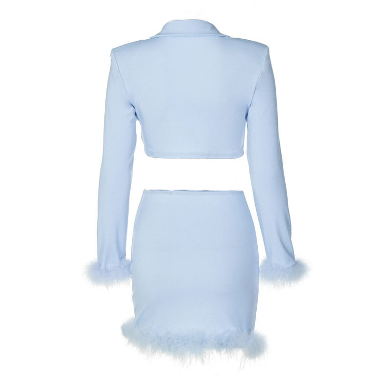 Chic Long Sleeve Crop Blazer Feather Trim Mini Skirt Matching Set - Blue - Fashionpara