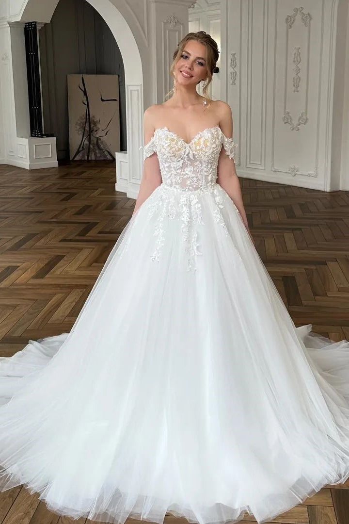 Chic White A-Line Off-the-Shoulder Lace and Tulle Wedding Dress