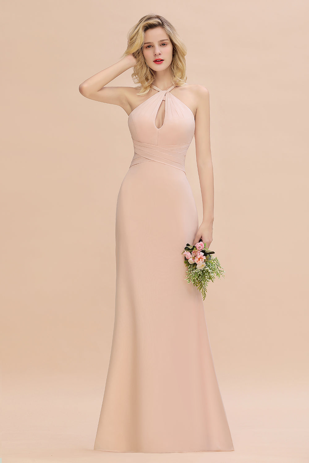 Chic Mermaid Keyhole Pink Chiffon Long Bridesmaid Dresses Affordable with Ruffle - Fashionpara