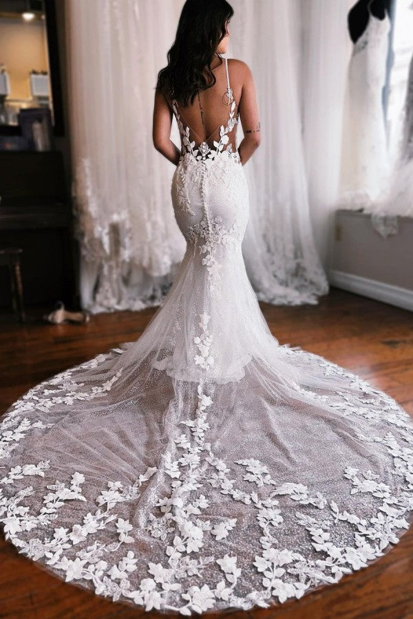 Chic Mermaid Wedding Dress Lace Spaghetti-Straps - Fashionpara