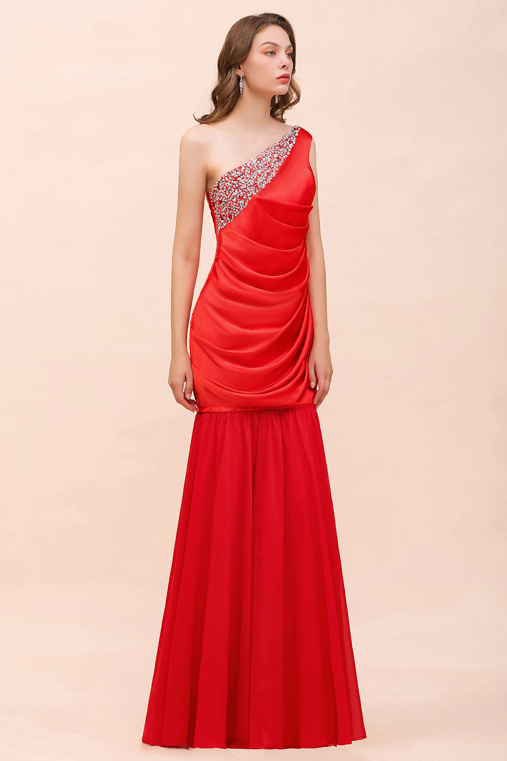 Chic One Shoulder Beading Ruffle Red Bridesmaid Dresses with Detachable Skirt