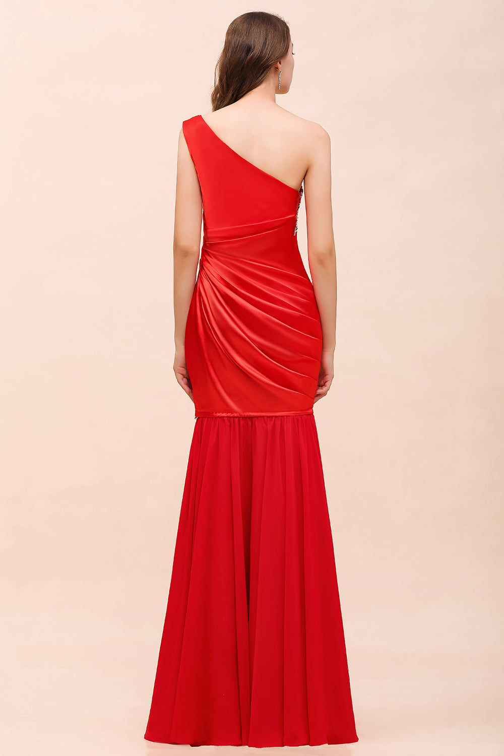 Chic One Shoulder Beading Ruffle Red Bridesmaid Dresses with Detachable Skirt