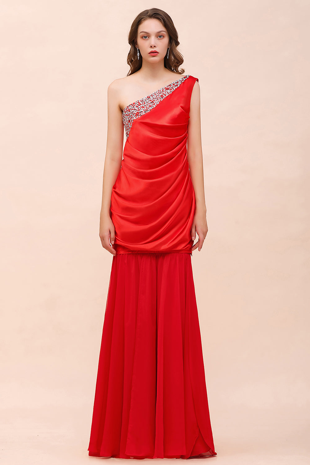 Chic One Shoulder Beading Ruffle Red Bridesmaid Dresses with Detachable Skirt