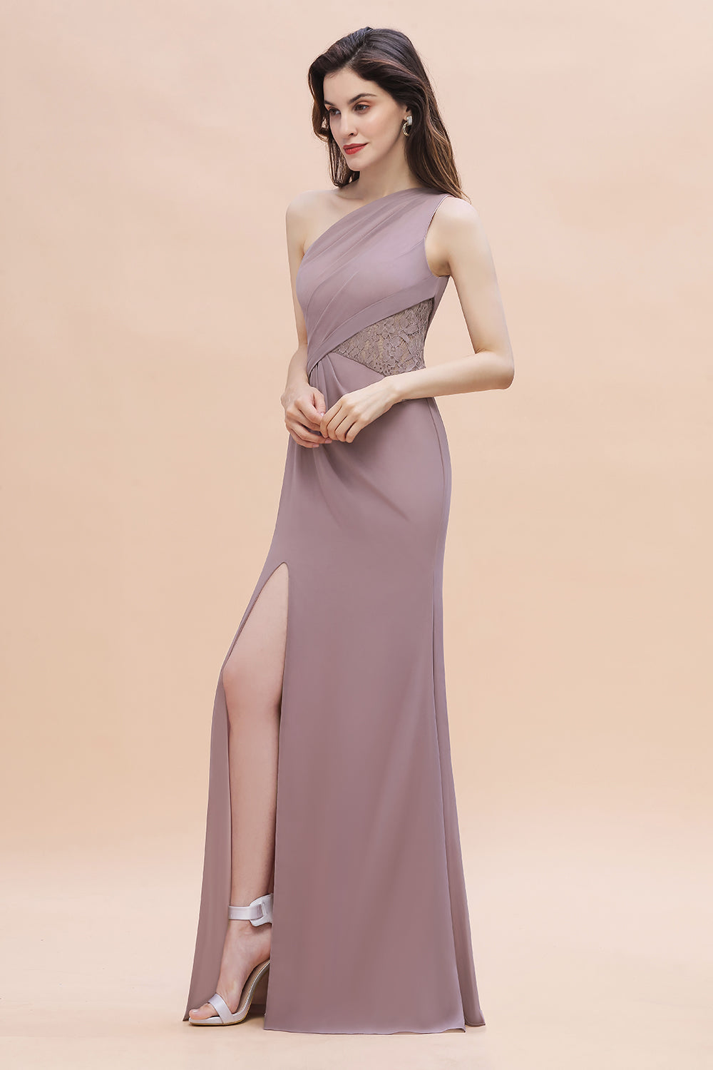 Chic One-Shoulder Dusk Chiffon Lace Ruffle Bridesmaid Dresses with Front Slit On Sale