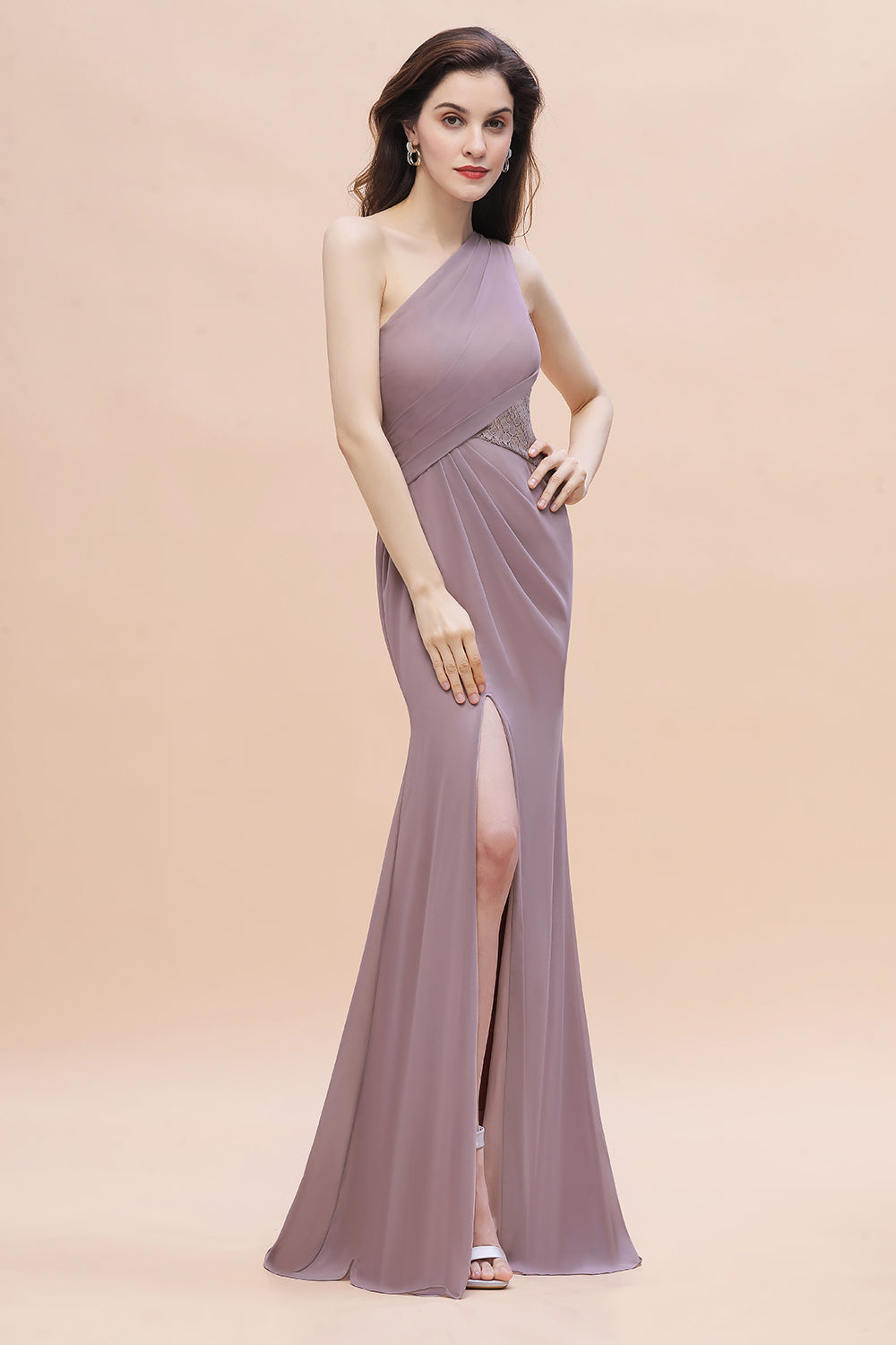 Chic One-Shoulder Dusk Chiffon Lace Ruffle Bridesmaid Dresses with Front Slit On Sale