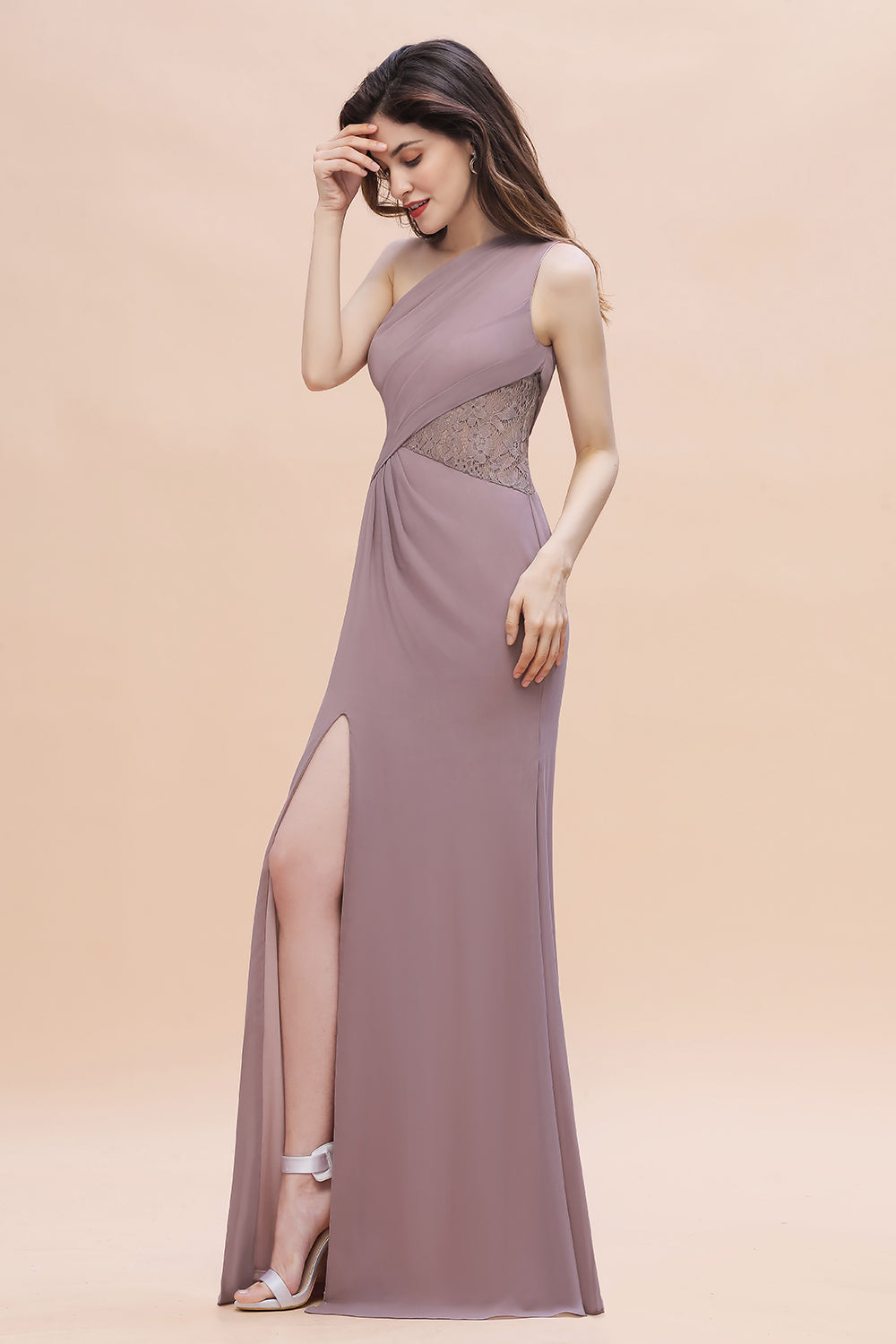 Chic One-Shoulder Dusk Chiffon Lace Ruffle Bridesmaid Dresses with Front Slit On Sale