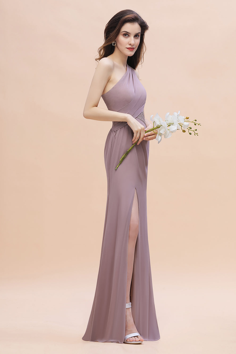 Chic One-Shoulder Dusk Chiffon Lace Ruffle Bridesmaid Dresses with Front Slit On Sale