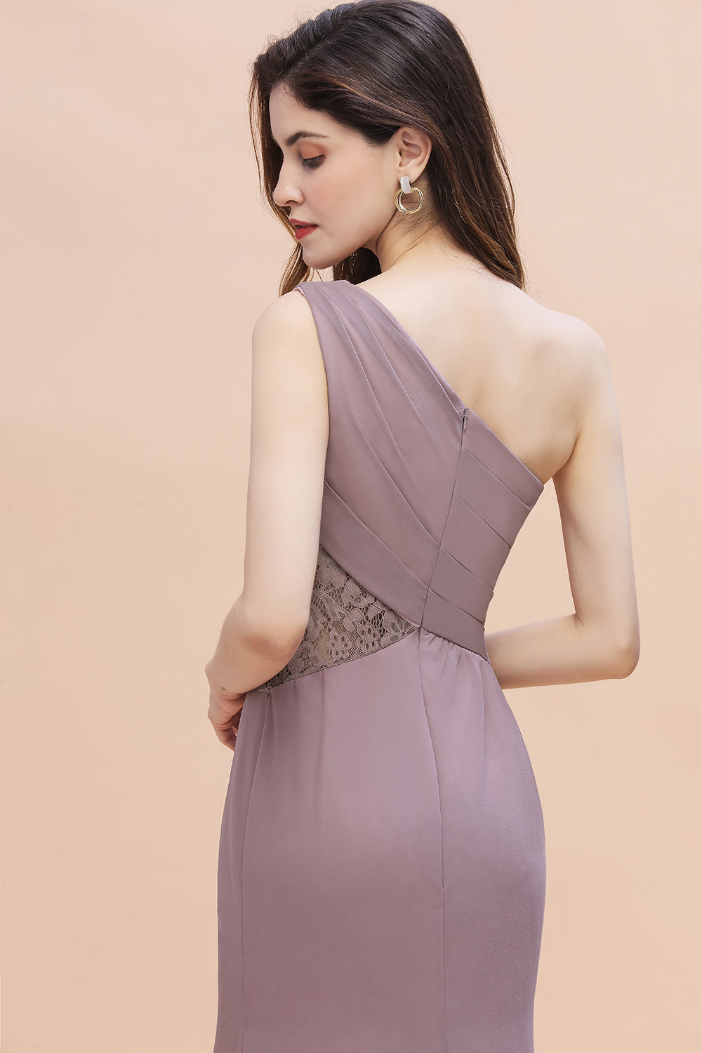 Chic One-Shoulder Dusk Chiffon Lace Ruffle Bridesmaid Dresses with Front Slit On Sale