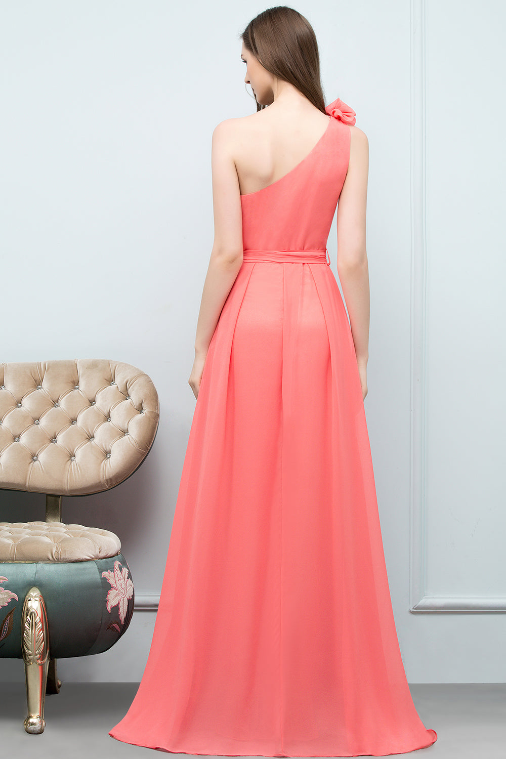 Chic One Shoulder Flower Long Bridesmaid dresses with Bow Sash