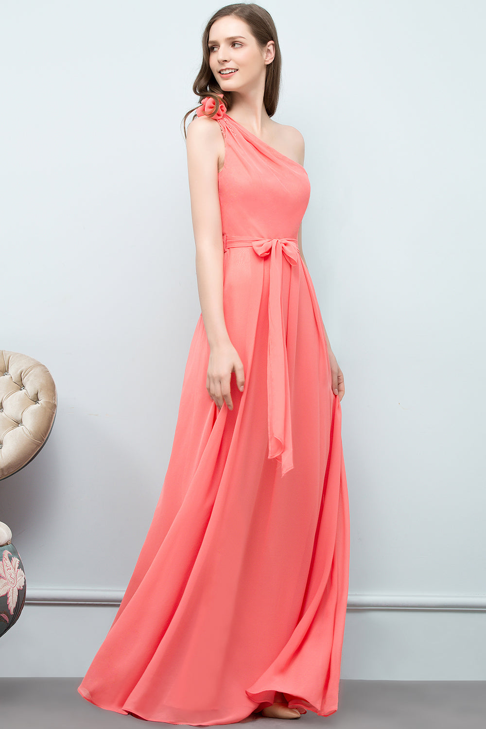 Chic One Shoulder Flower Long Bridesmaid dresses with Bow Sash