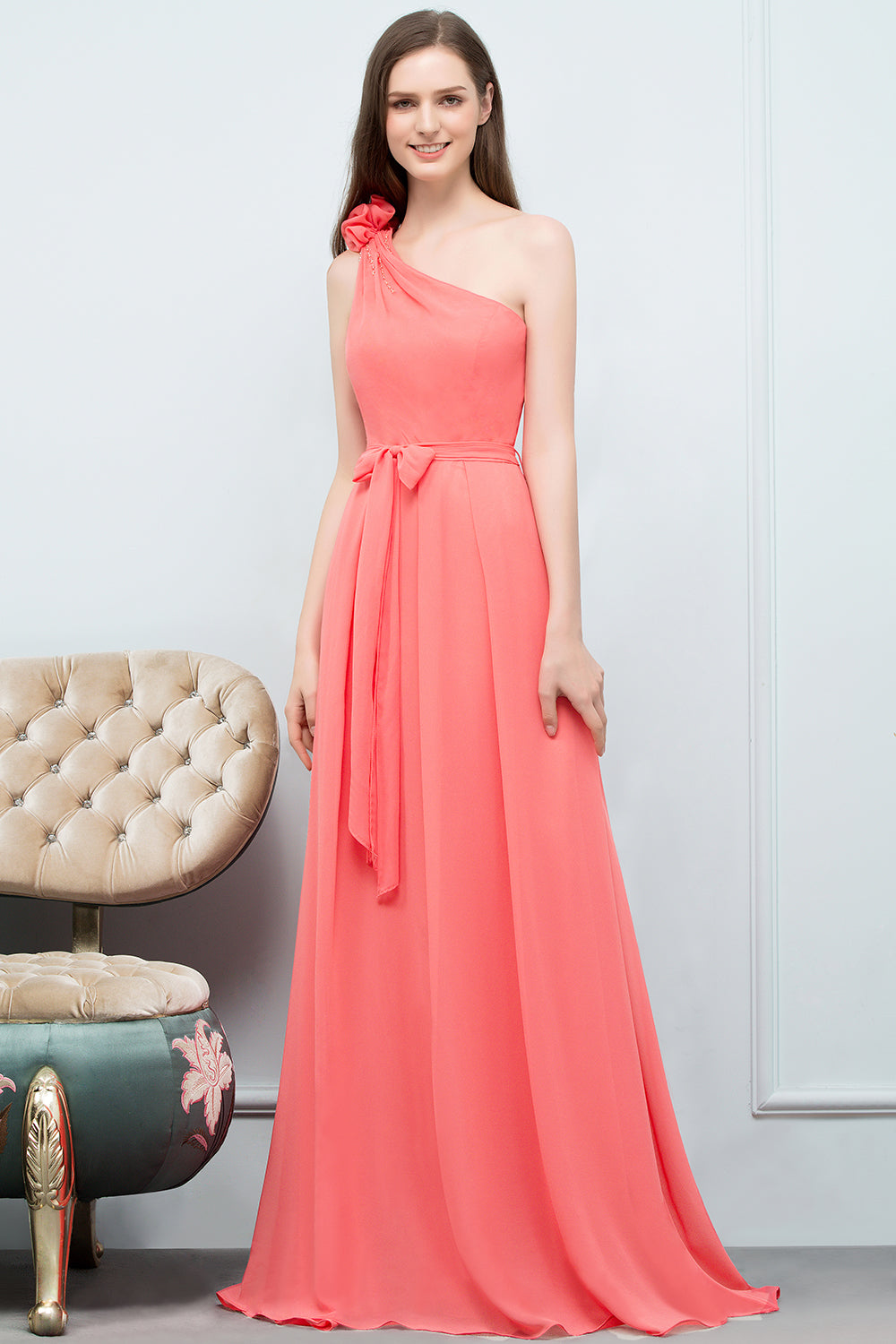 Chic One Shoulder Flower Long Bridesmaid dresses with Bow Sash