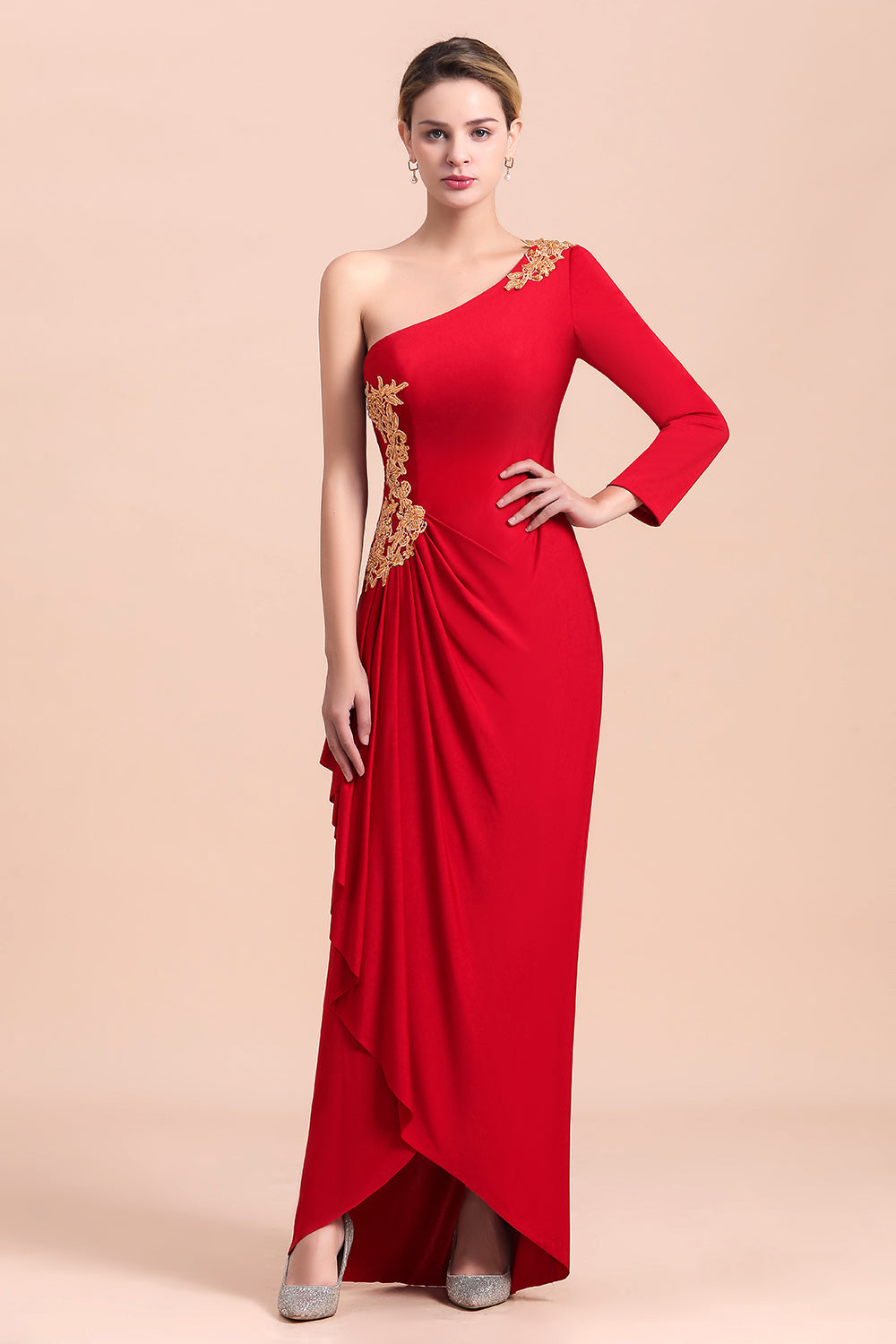 Chic One-Shoulder Long Sleeves Ruffle Mother of Bride Dresses with Appliques - Fashionpara