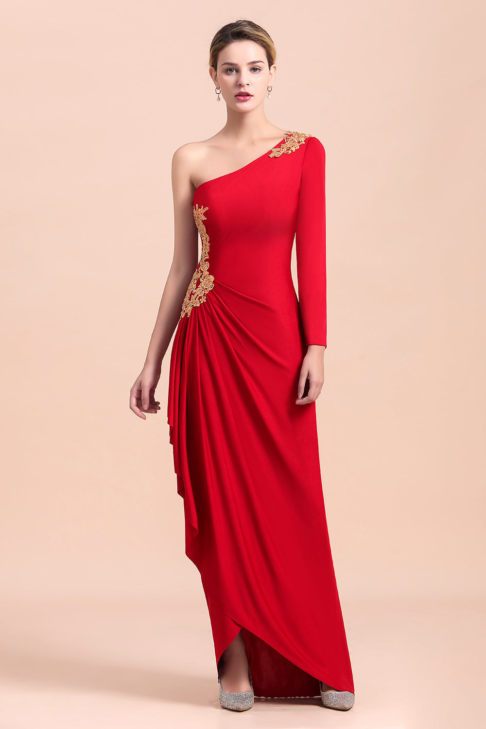 Chic One-Shoulder Long Sleeves Ruffle Mother of Bride Dresses with Appliques - Fashionpara