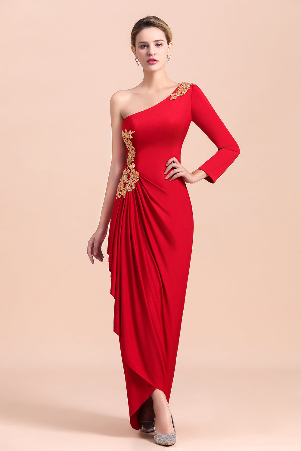 Chic One-Shoulder Long Sleeves Ruffle Mother of Bride Dresses with Appliques - Fashionpara