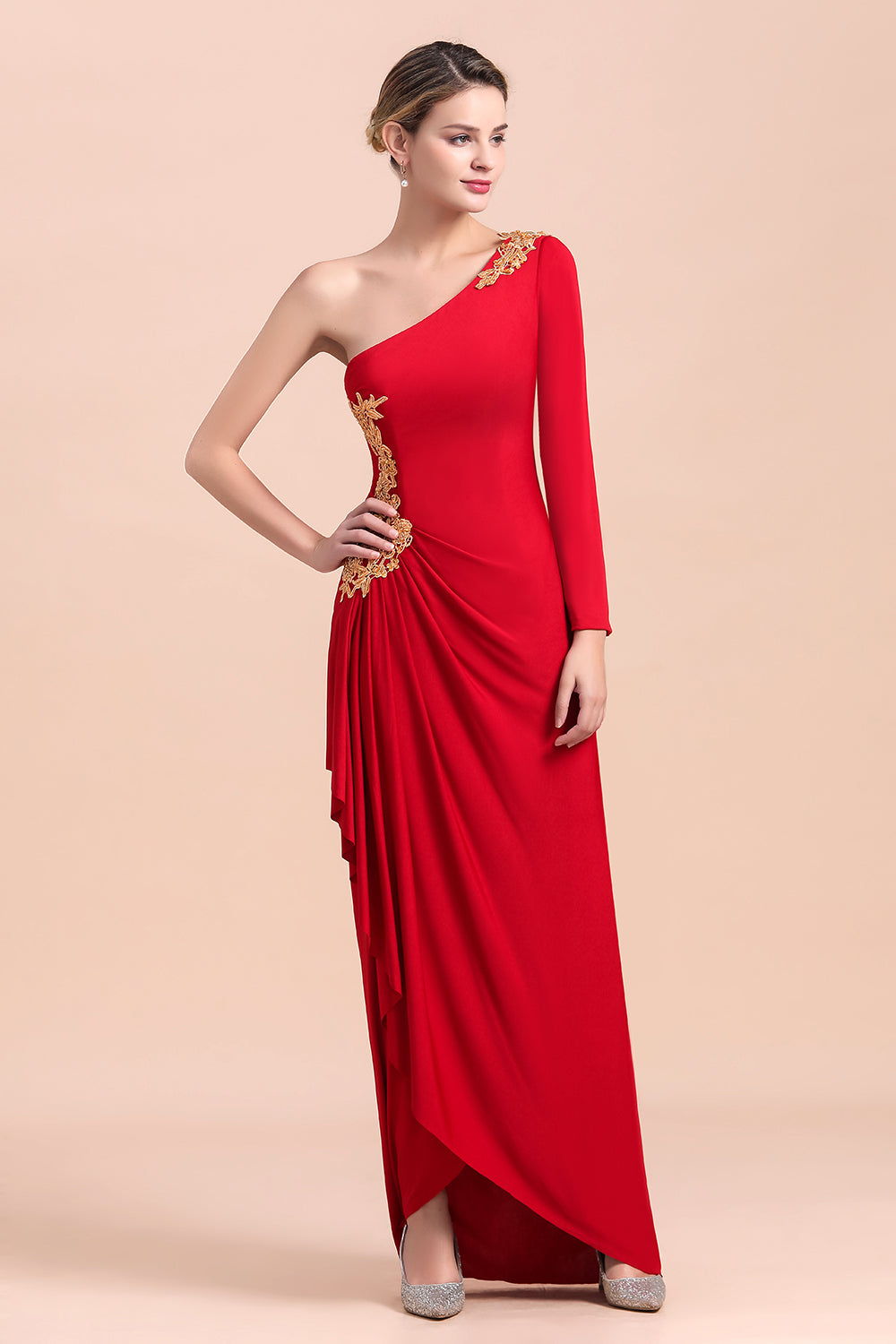 Chic One-Shoulder Long Sleeves Ruffle Mother of Bride Dresses with Appliques - Fashionpara