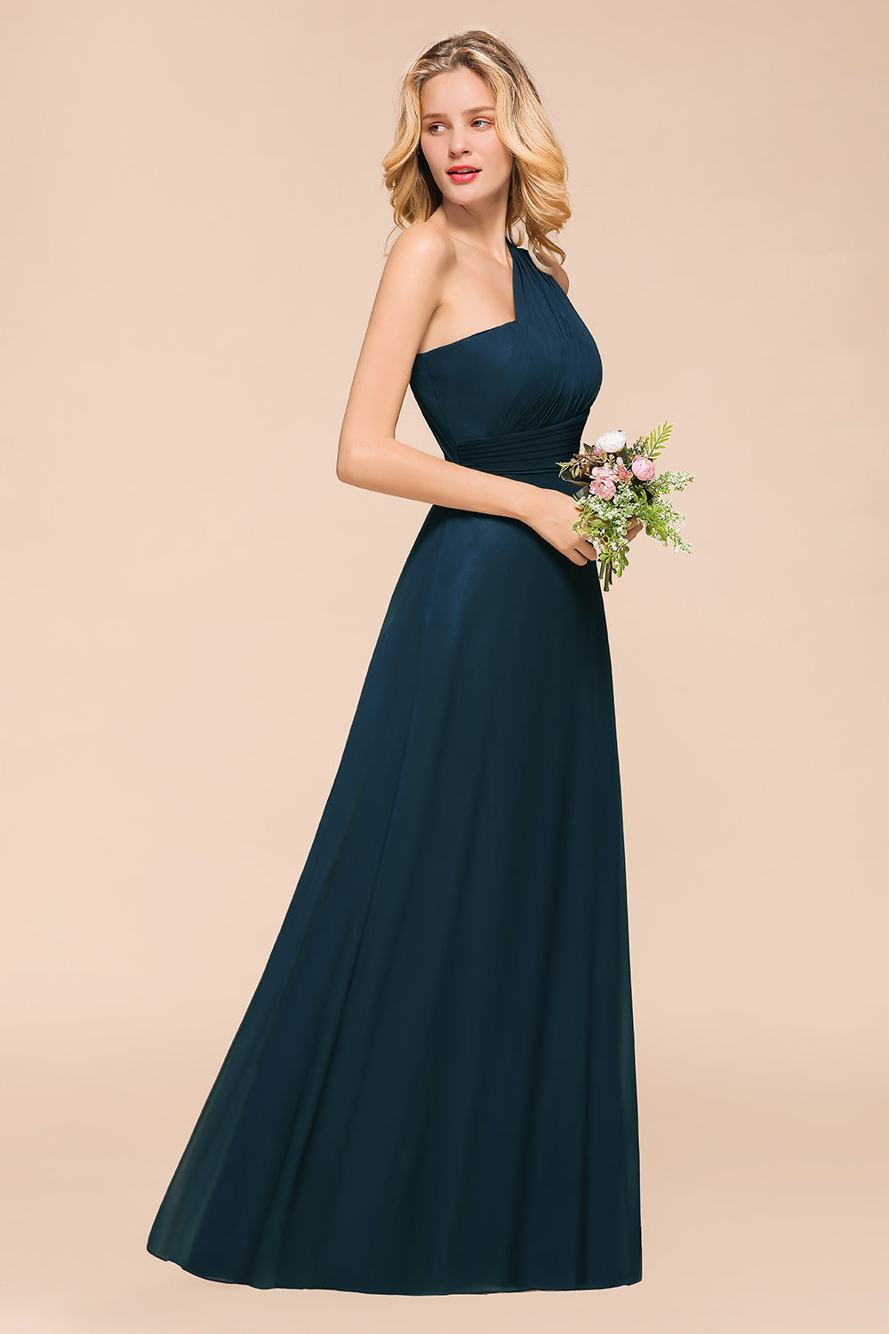 Chic One Shoulder Navy Chiffon Bridesmaid dresses with Ruffle