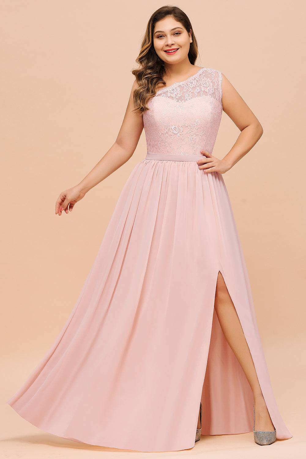 Chic One-Shoulder Pink Lace Bridesmaid dresses with Slit