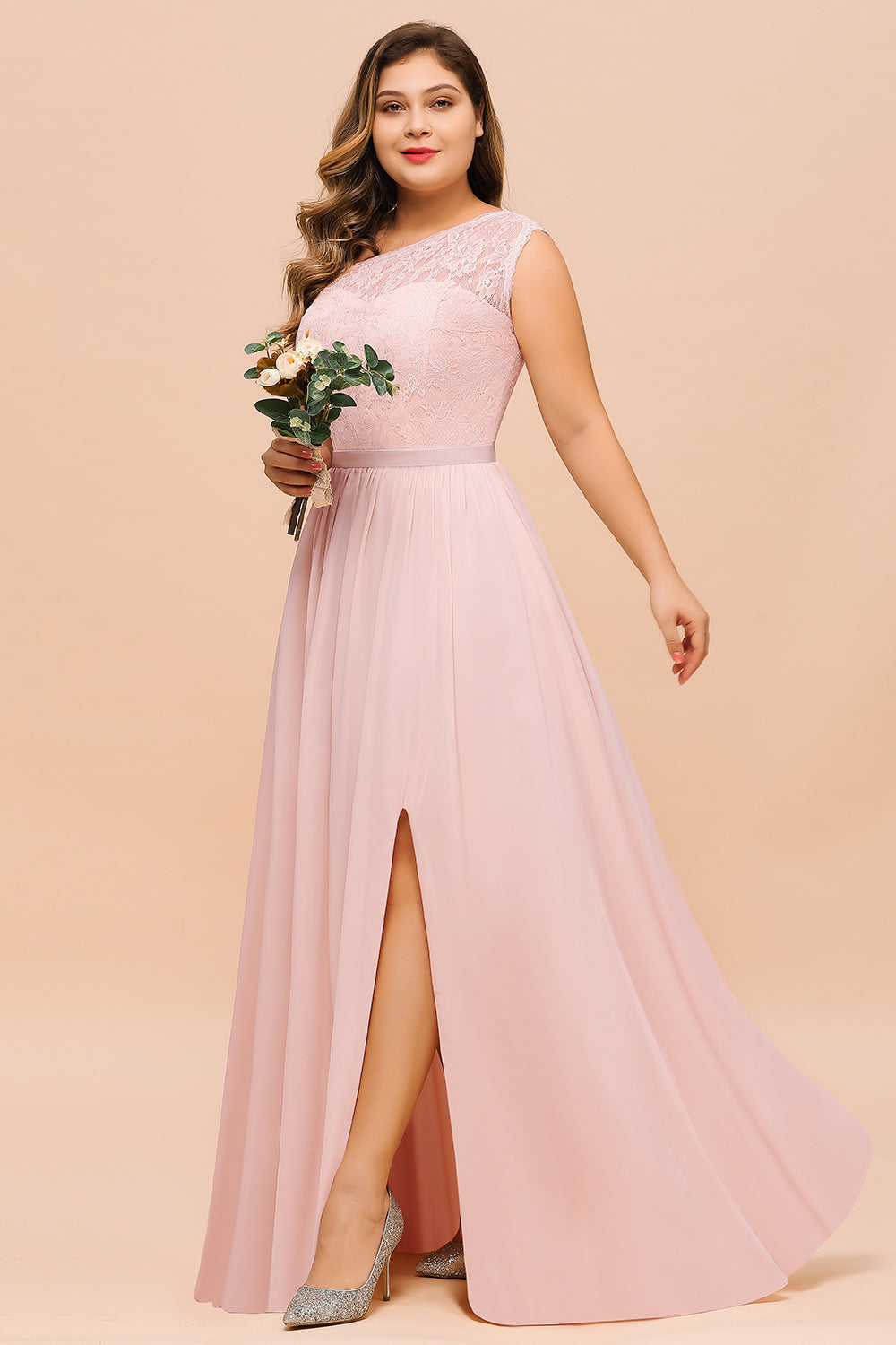 Chic One-Shoulder Pink Lace Bridesmaid dresses with Slit