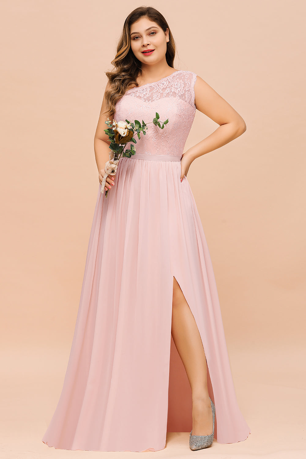 Chic One-Shoulder Pink Lace Bridesmaid dresses with Slit