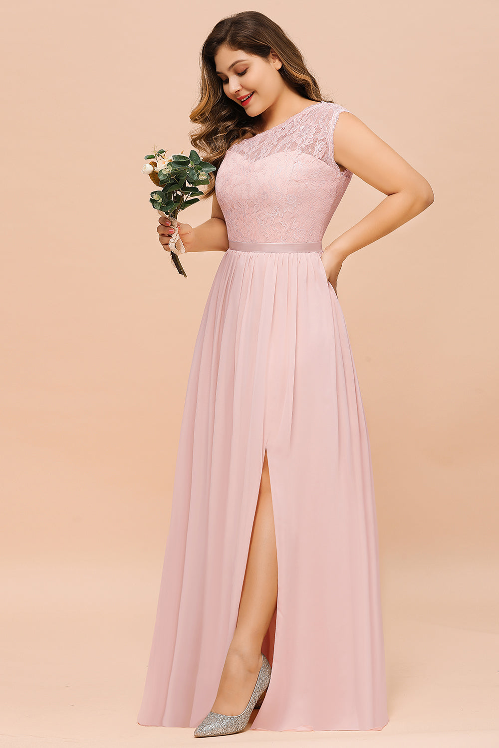 Chic One-Shoulder Pink Lace Bridesmaid dresses with Slit