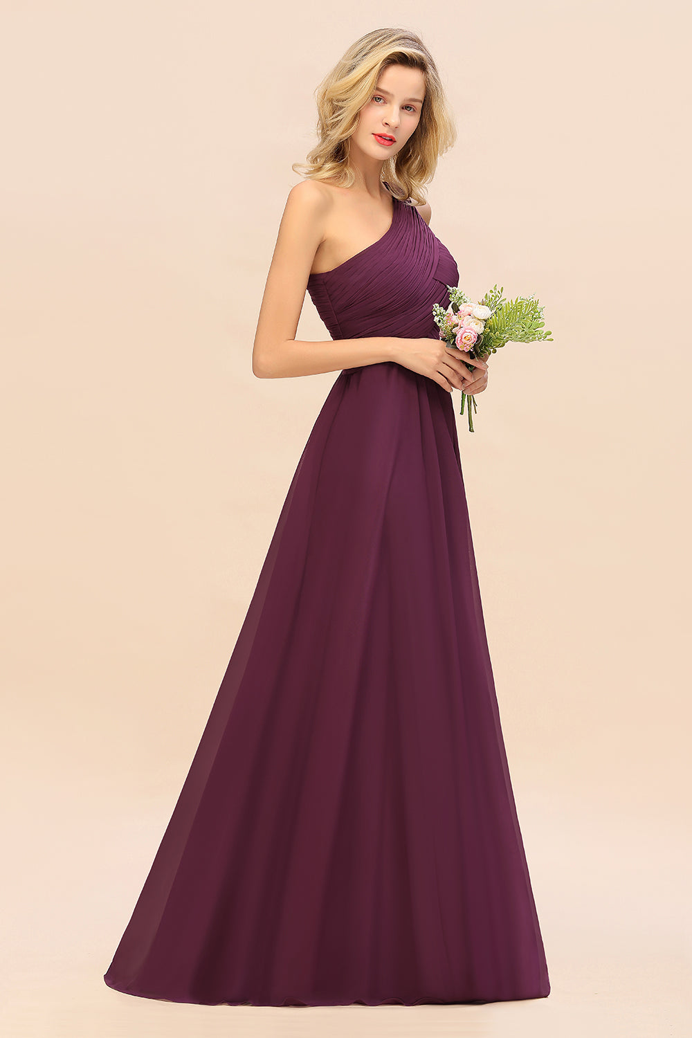 Chic One Shoulder Ruffle Grape Chiffon Bridesmaid dresses