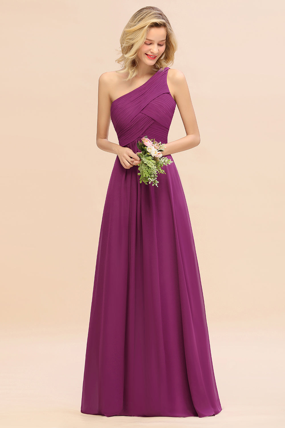 Chic One Shoulder Ruffle Grape Chiffon Bridesmaid dresses