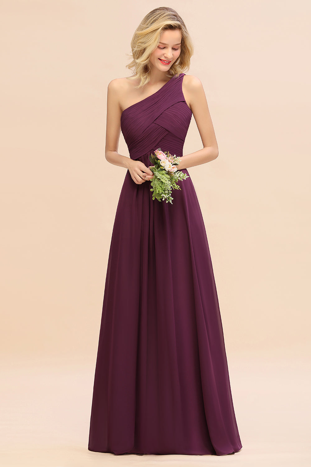 Chic One Shoulder Ruffle Grape Chiffon Bridesmaid dresses